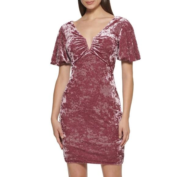 Guess Crushed Velvet Dress Puff Sleeve V-Neck Cocktail Bodycon Mini Mauve Pink 2 - Picture 1 of 9